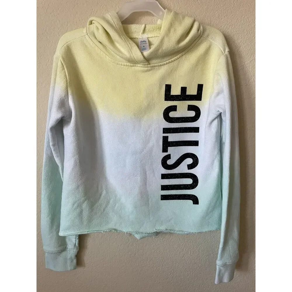 Justice Yellow Blue Ombre Glitter Sparkle Logo Girls’ Pullover Hoodie Size 8